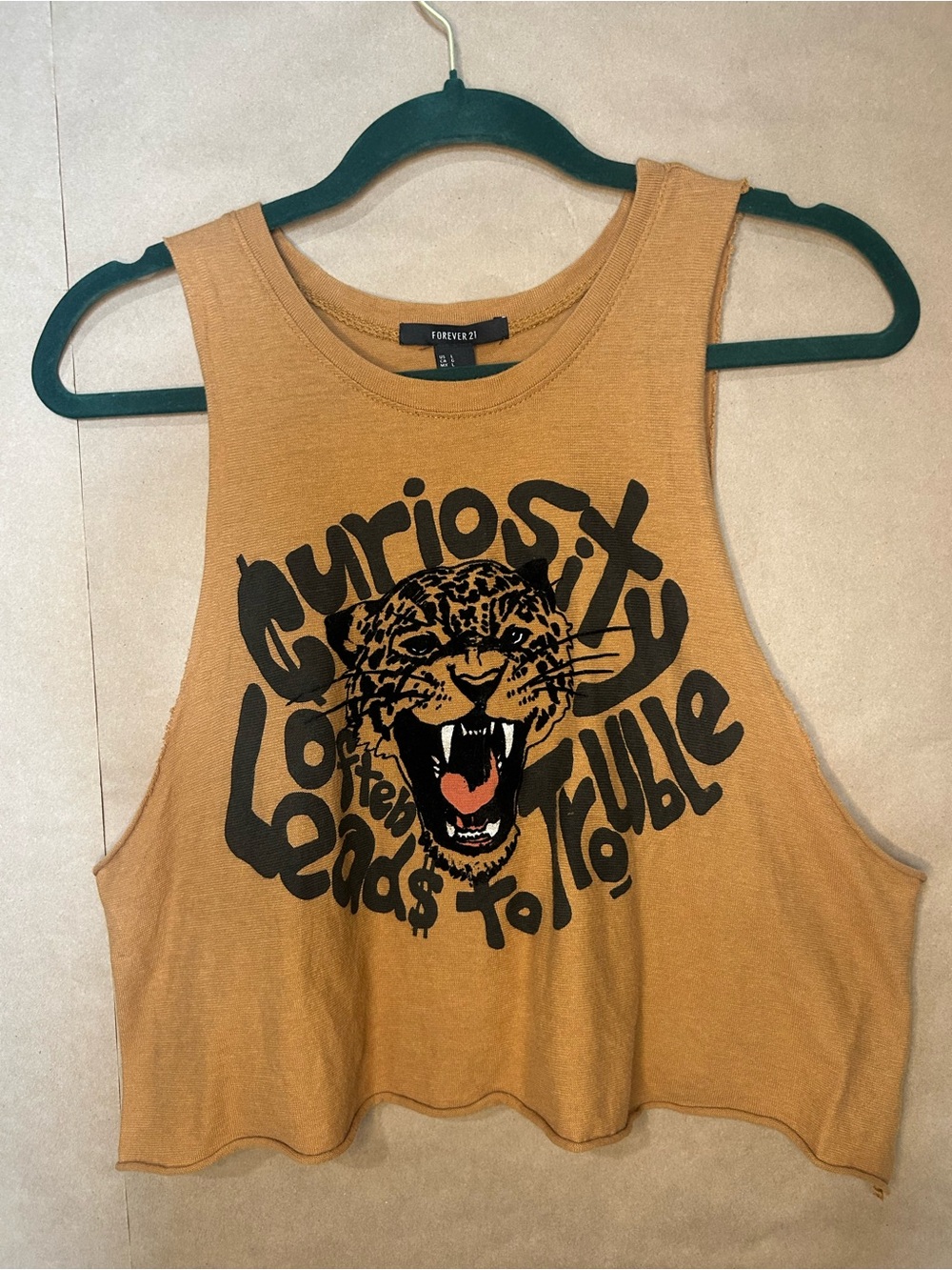 Forever 21 Mustard Cropped Graphic Tank Top with Leopard Print